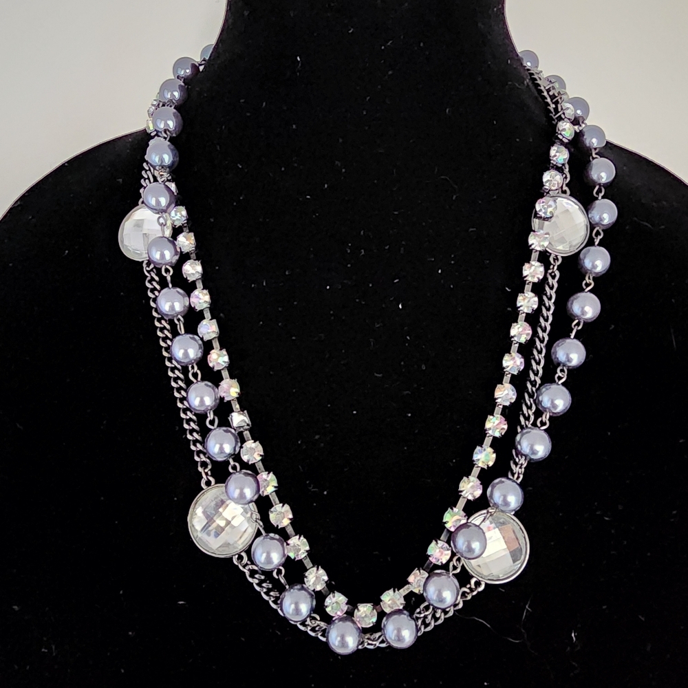 Y2K‎ statement layered necklace orchid purple colored rhinestones gunmetal chain